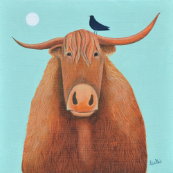 Holy Mackerel broon coo Highland cow themed art card for him or her - designed by artist Ailsa Black - 15cm square and blank inside for your message