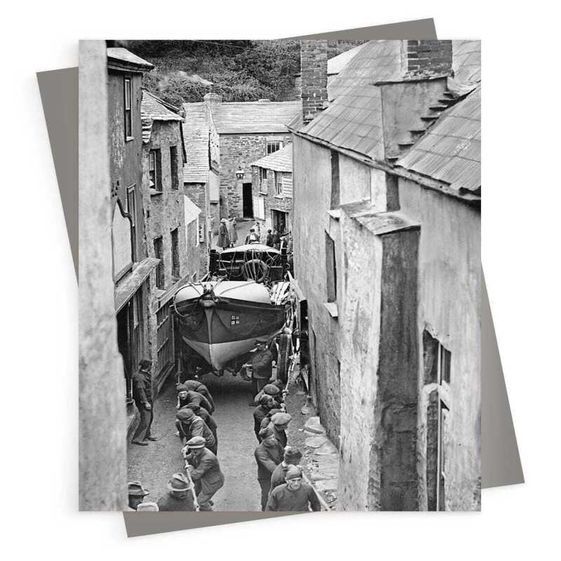 Boat being hauled through narrow street - vintage black and white themed card - 12.6 x 17.7cm and blank inside - made in the UK