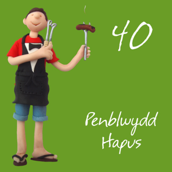 Penblwydd hapus, 40th male Welsh language age birthday card by Erica Sturla. Card is 15cm square and blank inside