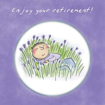 Holy Mackerel Retirement in lavender, a 15cm square retirement card featuring Rosie Brooks artwork, for Dad, husband, brother, son, colleague, friend etc. Blank inside for your message