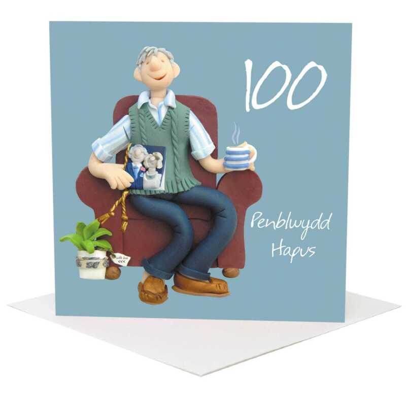 Penblwydd hapus, male Welsh 100th birthday card for him - designed by Erica Sturla - 15cm square and blank inside, made in the UK
