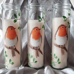 Hand Painted Christmas Robin Candles Memorial