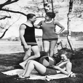 Holy Mackerel bathing suit models retro black and white photographic card featuring a vintage image of a day at the seaside - 12.6 x 17.7cm and blank inside