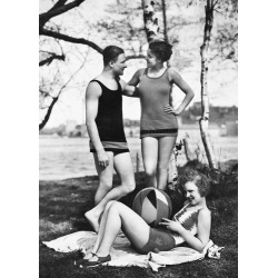 Holy Mackerel bathing suit models retro black and white photographic card featuring a vintage image of a day at the seaside - 12.6 x 17.7cm and blank inside