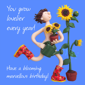 Holy Mackerel lovelier every year sunflower birthday card for her - designed by artist Erica Sturla - 15cm square and blank inside for your message - made in the UK