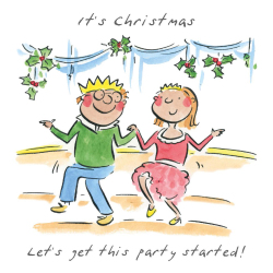 Let's get this party started, a 150mm square festive Christmas greetings card featuring Rosie Brooks artwork, message inside reads Merry Christmas
