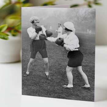 Two women boxing- vintage black and white themed card - 12.6 x 17.7cm and blank inside - made in the UK