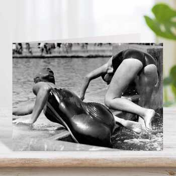 Getting out, black and white vintage photographic card featuring swimmers in the pool - 12.6 x 17.7cm and blank inside - made in the UK