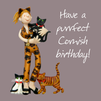 Purrfect Cornish Birthday Greetings Card, Designed by Erica Sturla for Holy Mackerel. Card is 150mm Square and Blank Inside.