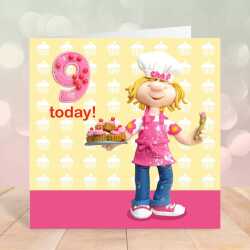 Birthday girl age 9 baking cupcakes - child's age birthday - designed by Erica Sturla - 15cm square and blank inside, made in the UK