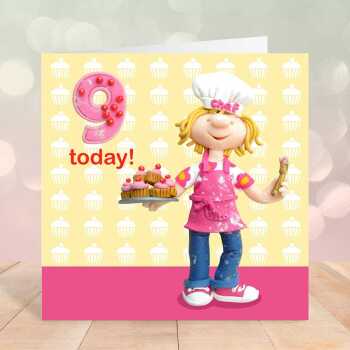Birthday girl age 9 baking cupcakes - child's age birthday - designed by Erica Sturla - 15cm square and blank inside, made in the UK