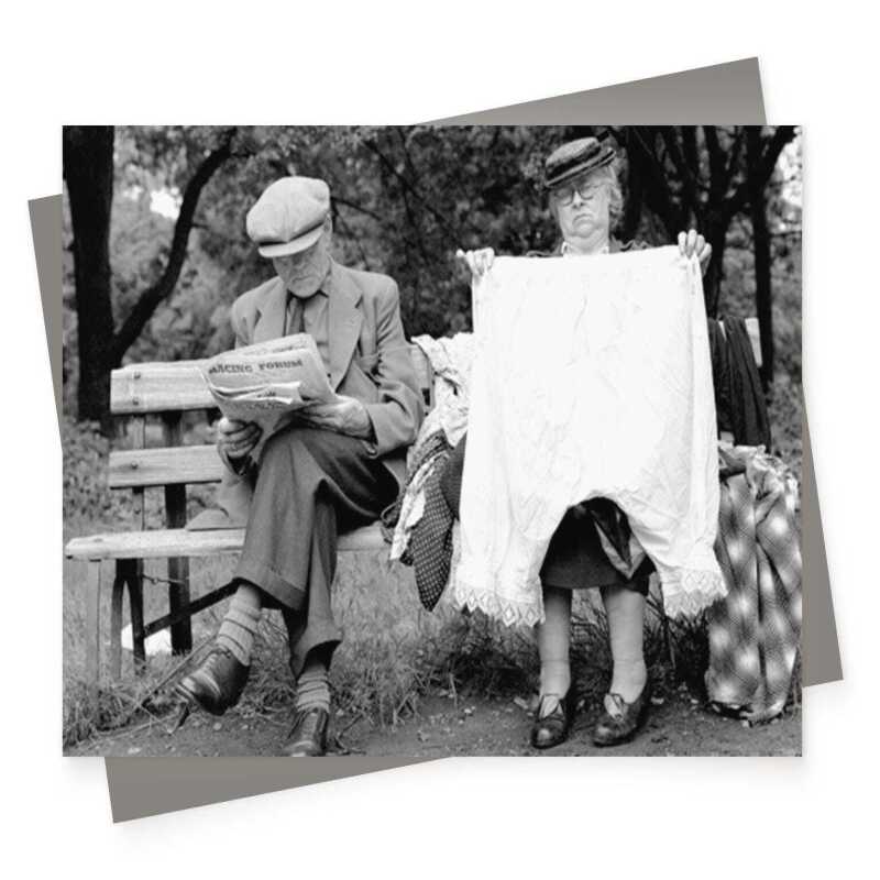 Big pants on bench - vintage black and white themed card featuring underwear in public - 12.6 x 17.7cm and blank inside - made in the UK