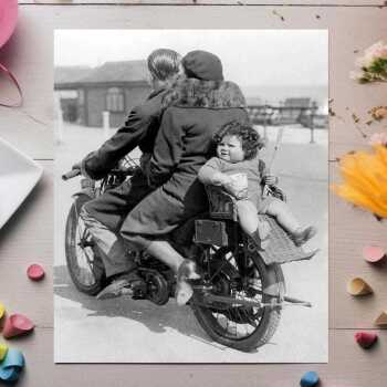 Toddler on the back of a motorbike - vintage black and white themed card - 12.6 x 17.7cm and blank inside - made in the UK