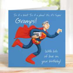 Super Gramps birthday card for a grandad - designed by Erica Sturla - 15cm square and blank inside, made in the UK