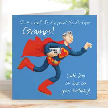 Super Gramps birthday card for a grandad - designed by Erica Sturla - 15cm square and blank inside, made in the UK