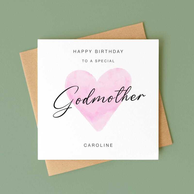 Godmother Birthday Card &ndash; Personalised Name &ndash; Pink Watercolour Heart &ndash; Handmade Greeting Card UK - Smooth No Message - Kraft Brown