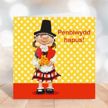 Penblwydd hapus - Happy birthday card with a girl in a Welsh costume - designed by Erica Sturla - 15cm square and blank inside, UK made