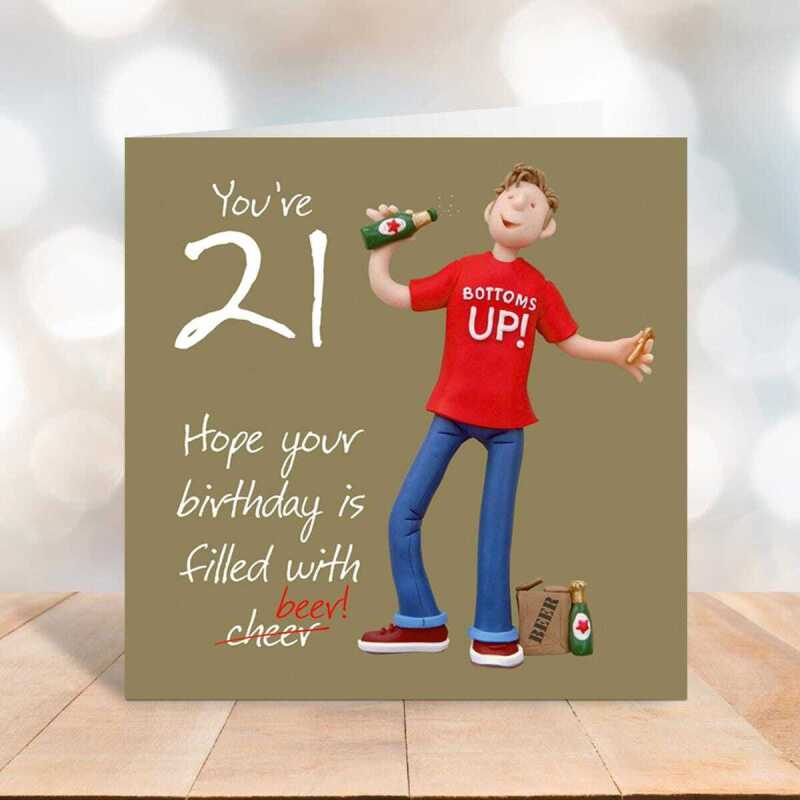 21st birthday card for him - designed by Erica Sturla - 15cm square and blank inside, made in the UK