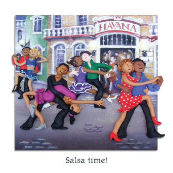 Holy Mackerel salsa time dance themed blank greeting card - designed by artist Erica Sturla - 15cm square and blank inside for your own message