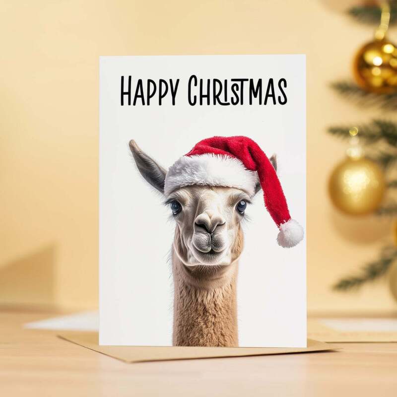 Fun Christmas Card of a Llama Wearing A Santa Hat Whimsical Christmas Card For Animal Lover For Him or Her - Portrait (5x7) / Blank Inside