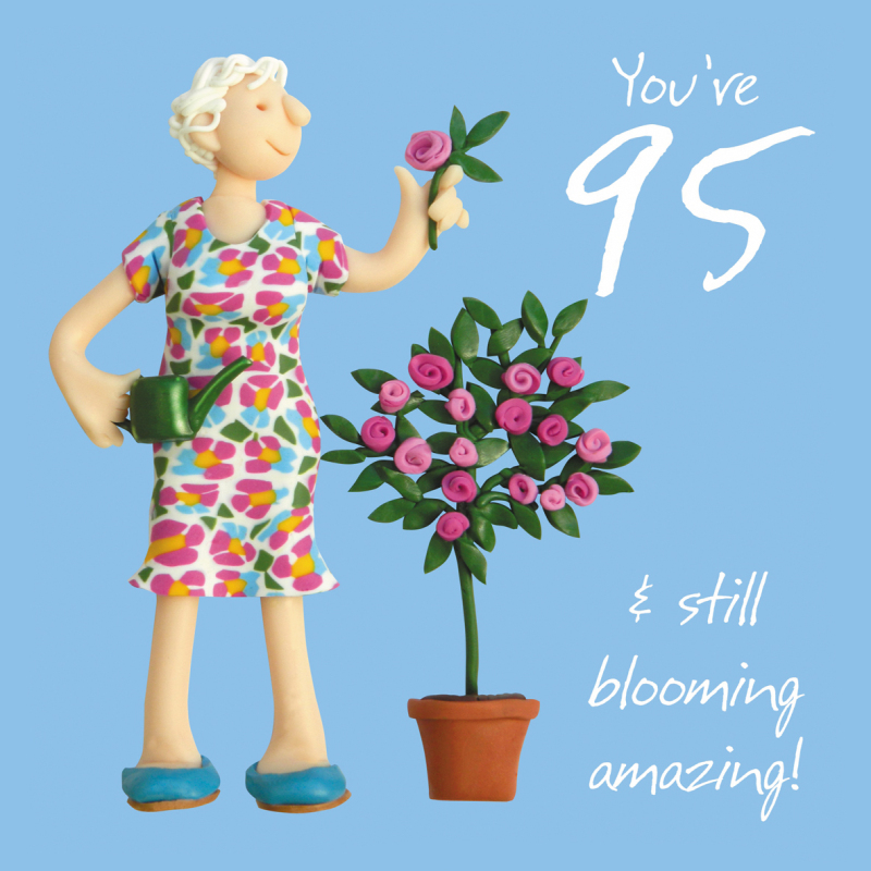 Holy Mackerel blooming amazing female 95th birthday card for her - designed by artist Erica Sturla - 15cm square and blank inside for your message - made in the UK
