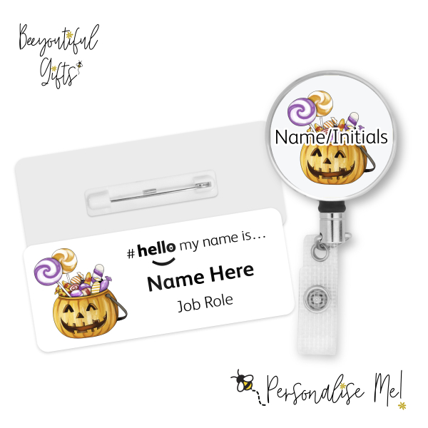 #hello my name is... Name Badge & Metal ID Reel - Pumpkin with Sweets