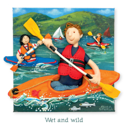 Holy Mackerel wet and wild kayaking and canoeing themed blank greeting card - designed by artist Erica Sturla - 15cm square and blank inside for your own message