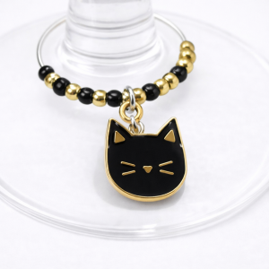 Handmade Wine Glass Charm - Enamel Black Cat Head