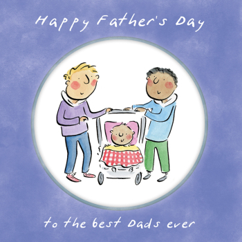 Holy Mackerel Best Dads ever, a 15cm square LGBTQ+ Father's Day card for two dad families featuring Rosie Brooks artwork, blank inside for your message