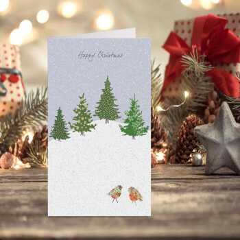 Robins and trees christmas card -  designed by Eloise Hall - 15.7 x 11cm and blank inside, made in the UK