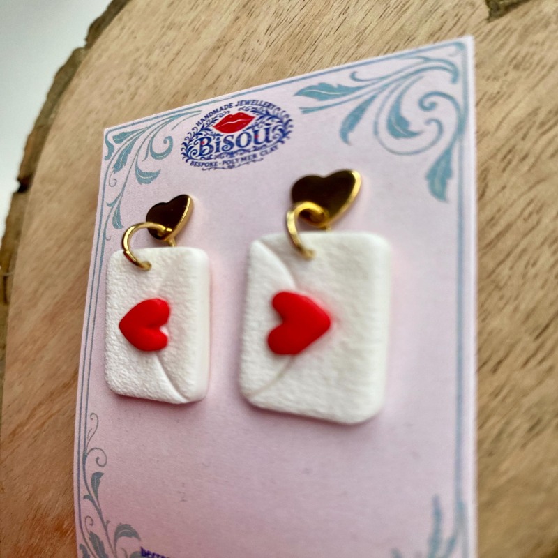 Heart Envelope Dangle Earrings | Handmade Polymer Clay Love Letter - silver