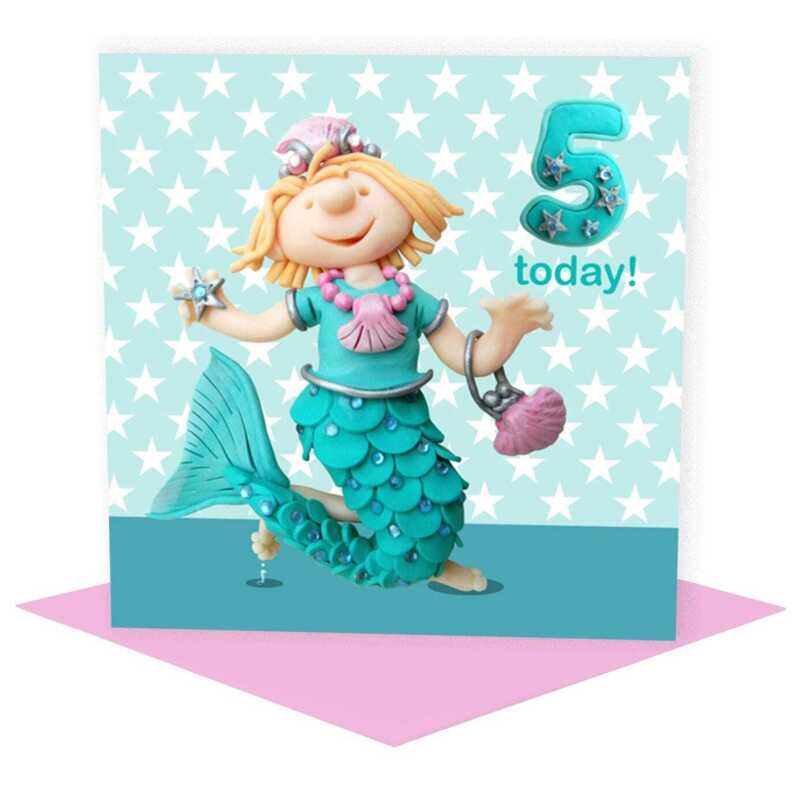 Birthday girl age 5 in a mermaid costume - child's age birthday - designed by Erica Sturla - 15cm square and blank inside, made in the UK