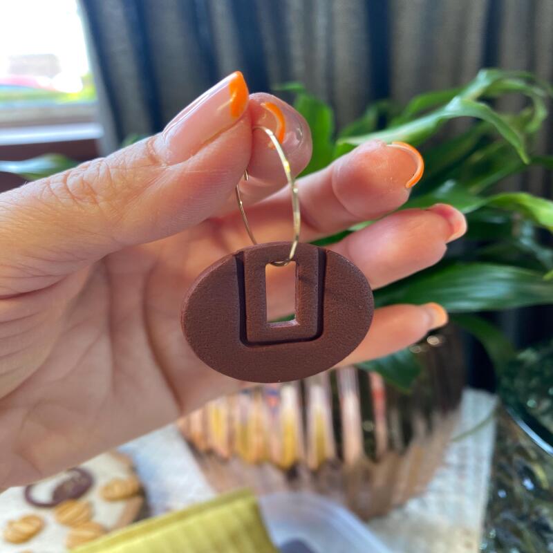 Textured Brown Polymer Clay Hoop Earrings | Gold or Silver - silver