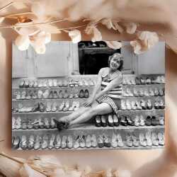 Surrounded by shoes - vintage black and white themed card  - 12.6 x 17.7cm and blank inside - made in the UK