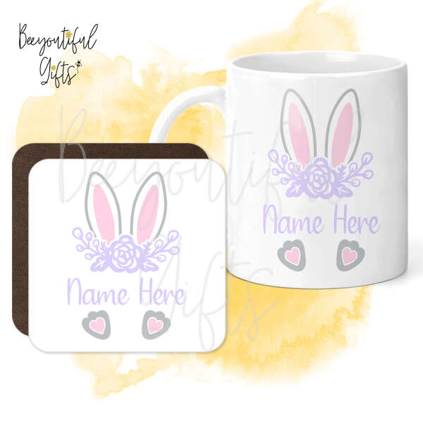 Personalised Mug & Coaster Set - Floral Bunny Monogram