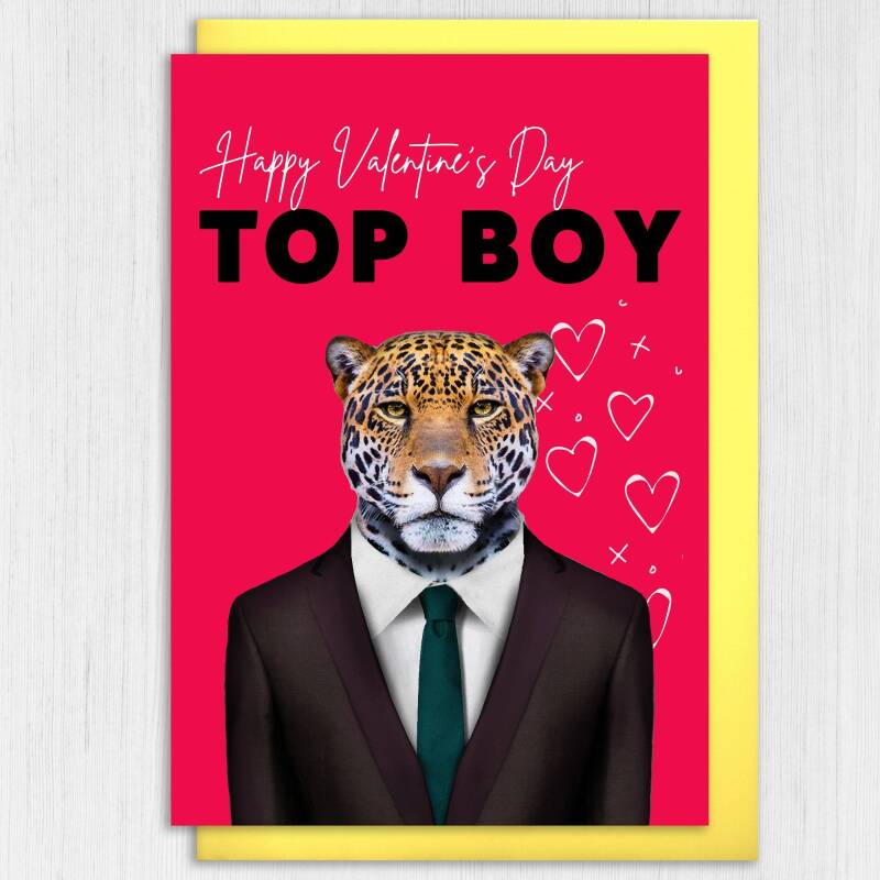 Happy Valentine's Day Top Boy Jaguar animal in clothes card for boyfriend, husband, male partner (Animalyser) Size A6/A5/A4/Square - A6: Single card
