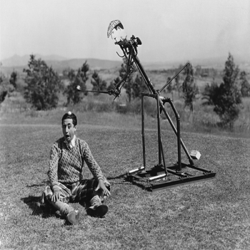 Holy Mackerel golf robot retro black and white photographic card featuring a vintage image of an unlikely golfing machine - 12.6 x 17.7cm and blank inside