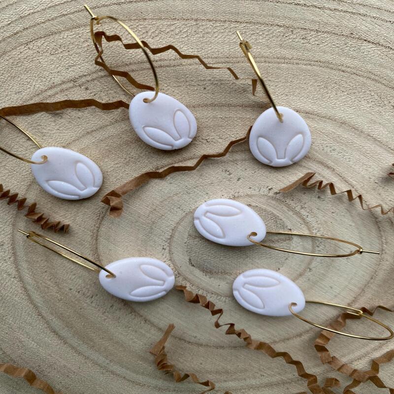 Handmade Polymer Clay Easter Egg Earrings: White Bunny Design - ball studs - silver