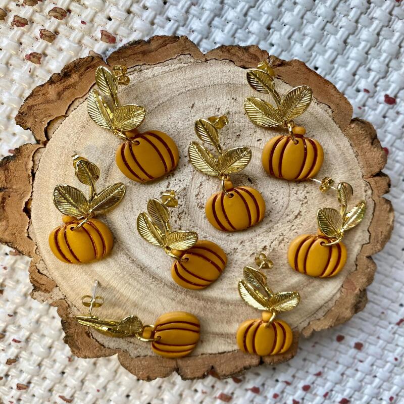 Polymer Clay Pumpkin Earrings: Gold Leaf Autumn Dangles
