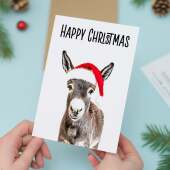 Fun Christmas Card of a Donkey Wearing A Santa Hat Whimsical Christmas Card For Animal Lover For Him or Her