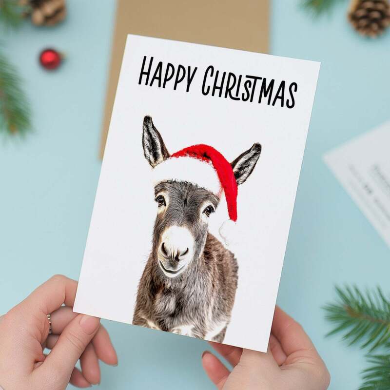 Fun Christmas Card of a Donkey Wearing A Santa Hat Whimsical Christmas Card For Animal Lover For Him or Her - Portrait (5x7) / Blank Inside