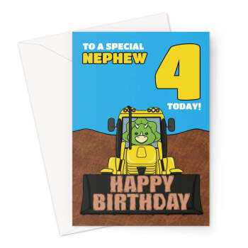 Age 4 Nephew Birthday Card - Dinosaur Digger