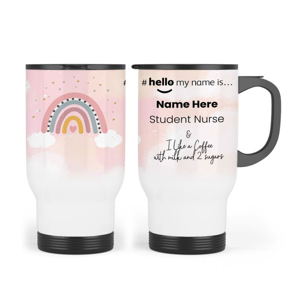 Personalised Travel Mug - Pink Rainbow #Hello My Name Is...