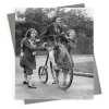 Girls on a penny farthing - vintage black and white themed card - 12.6 x 17.7cm and blank inside - made in the UK