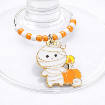 Handmade Wine Glass Charm - Mummy with Pumpkin