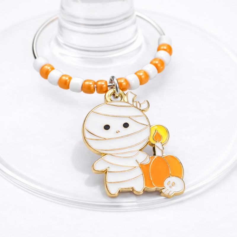 Handmade Wine Glass Charm - Mummy with Pumpkin