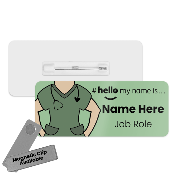 Name Badge - Green Scrubs Hello My Name is... - Skin Tone 1