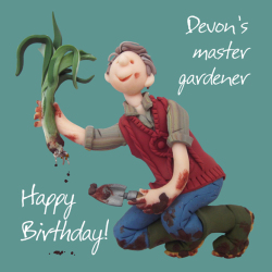 Devon's Master Gardener Birthday Greetings Card, Designed by Erica Sturla for Holy Mackerel. Card is 150mm Square and Blank Inside.