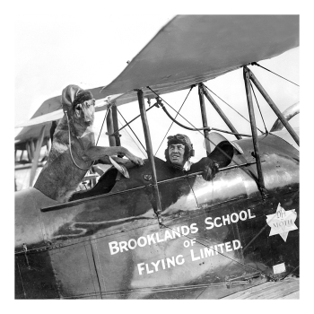Holy Mackerel Brooklands School of Flying retro black and white photographic card featuring a vintage image of a pilot and his dog in a plane - 15cm square and blank inside