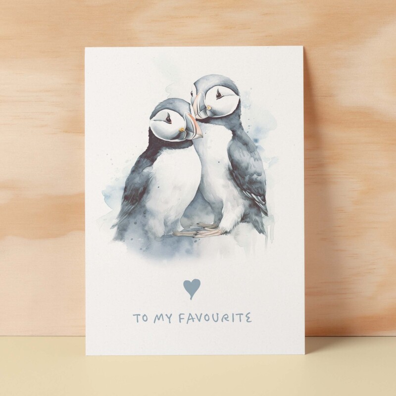 Anniversary or Valentine's Card for Her or Him Anniversary Card for Wife Valentines Day Card For Husband Boyfriend or Girlfriend Puffin Card - Large (5x7) / Blank Message